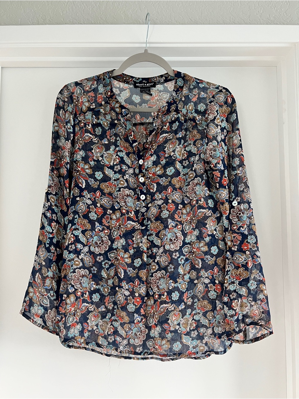 About A Girl Floral Sheer Long-Sleeve Blouse - Navy Floral